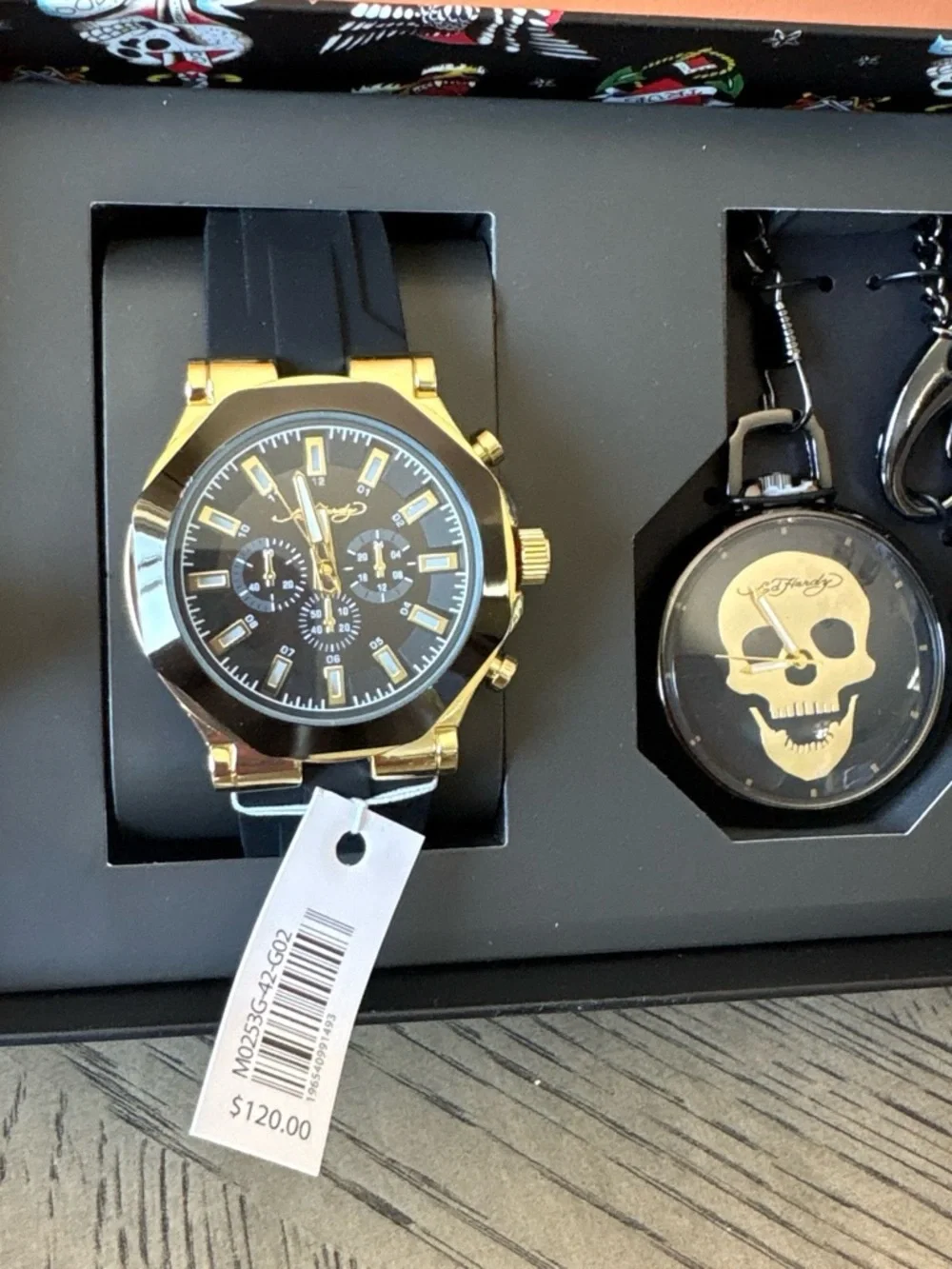 Ed Hardy Gold Tone Watch & Skull Pocket Watch Set - Black and Gold
